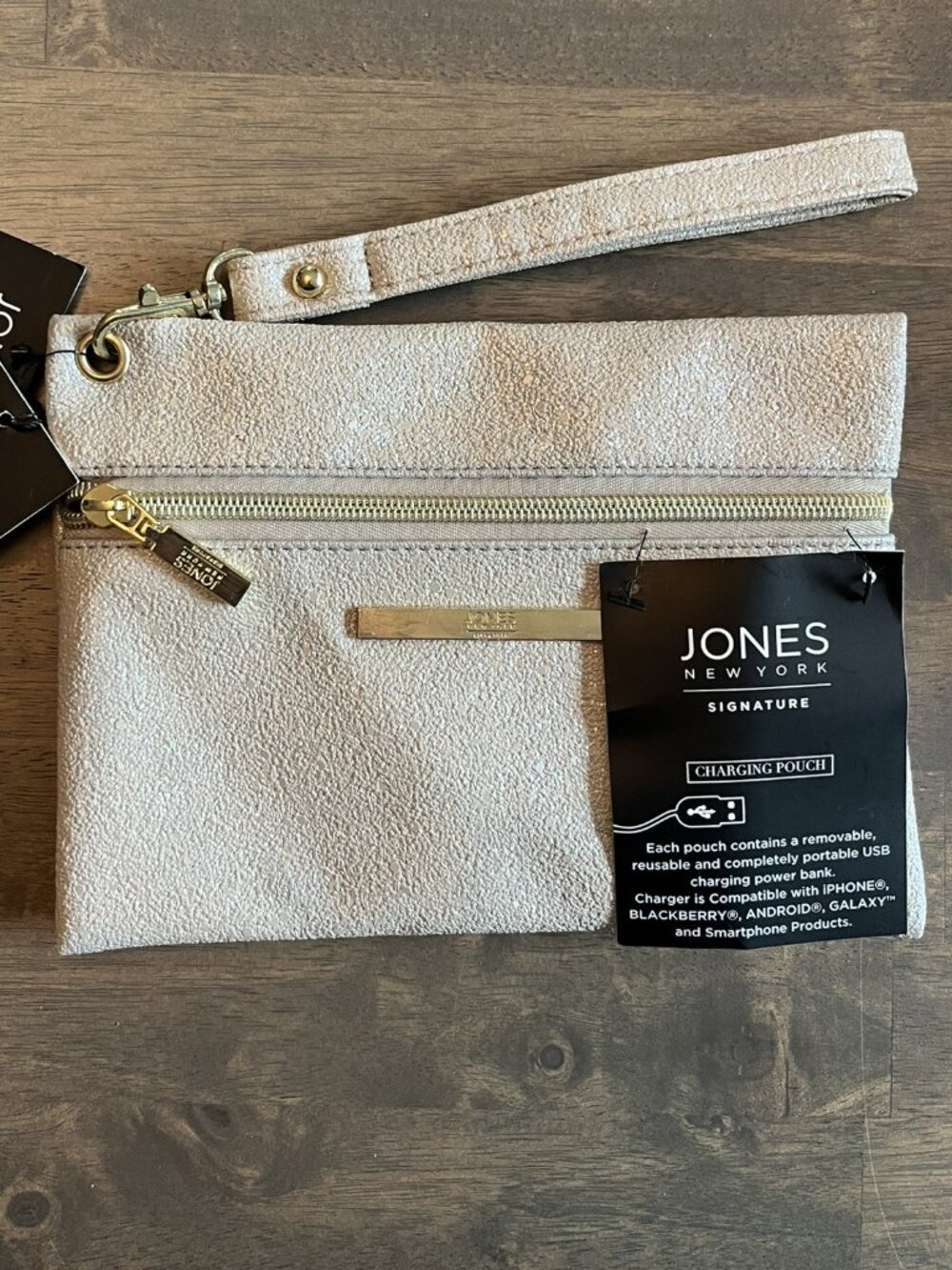 Jones New York Champagne Shimmer Charging Wristlet Tech Organizer Clutch NWT